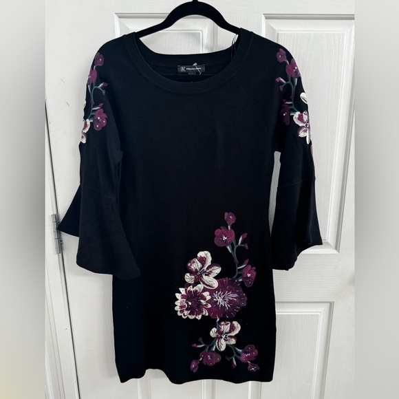 INC International Concepts black bell sleeve beaded floral mini dress NWT - Picture 4 of 11